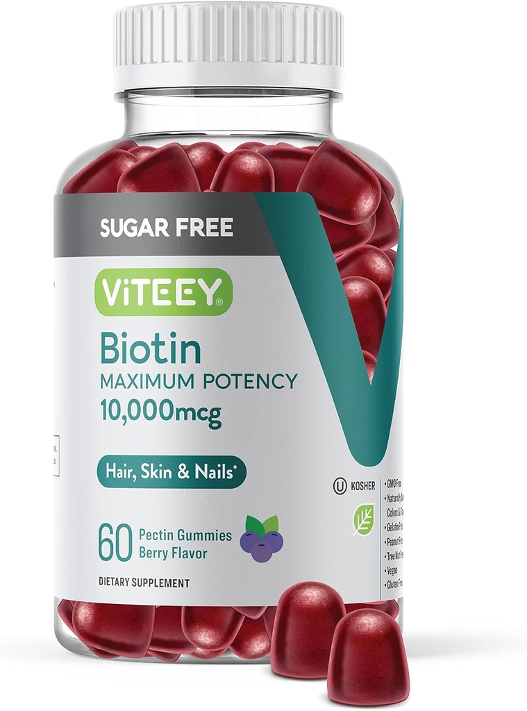 Viteey Biotin Gummies for Hair, Skóra i Nails 10,000mcg - Sugar Free - Gummies wzrostu włosów, Zdrowy połysk skóry, Silny zdrowy wzrost paznokci - Wegan, Gluten Free, Żelatyna Free- Smaczne Berry Flavor