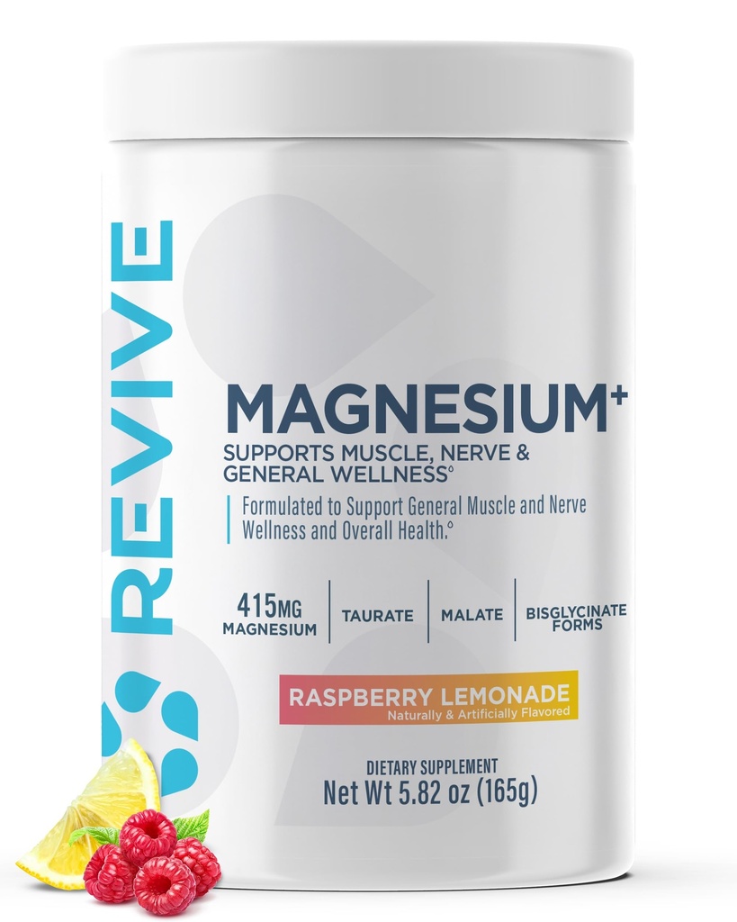 Revive MD Magnezu w proszku Suplement - Karbonian magnezu i Taurate w proszku Drink pomaga zdrowe kości, Mięśnie, & Nerwy - Vegan- Friendly, Gluten- Free & Soy- (Lemoniada malinowa, 30 Servings)