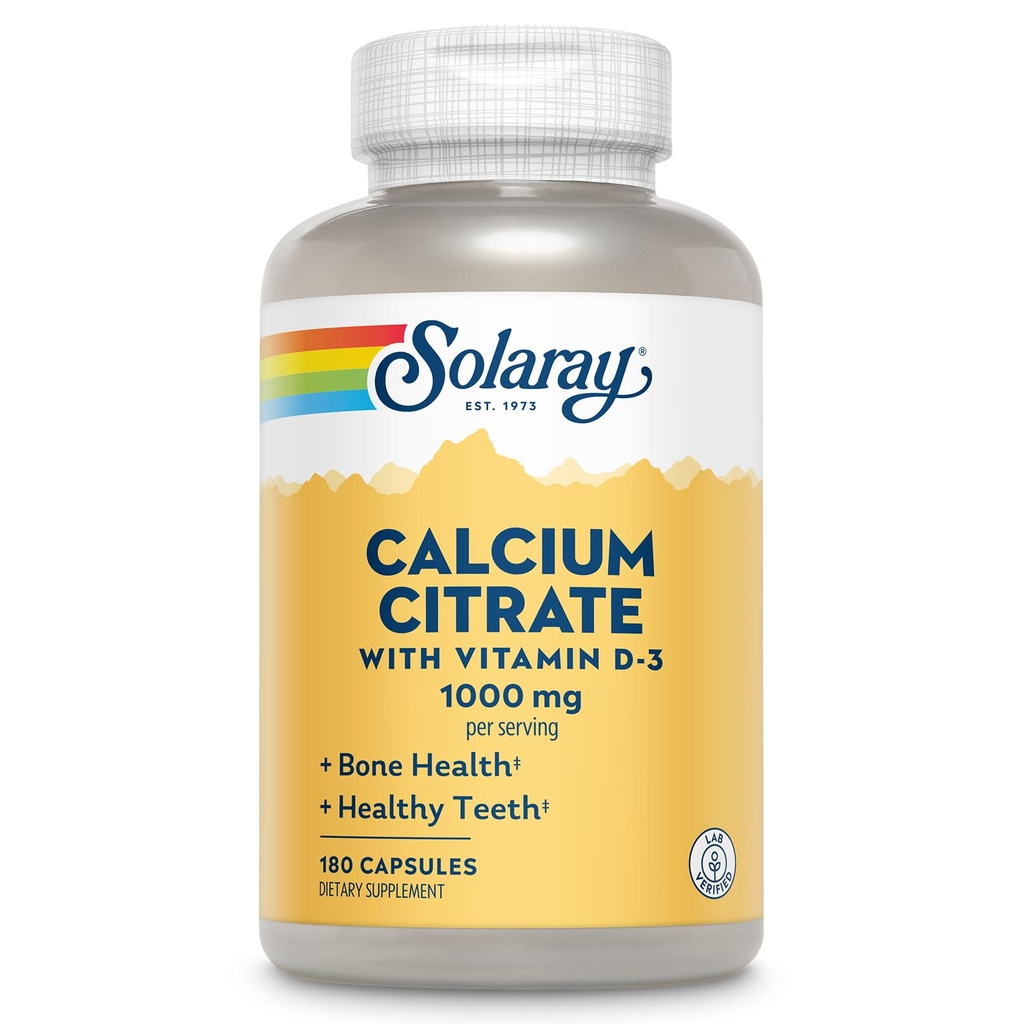 Solaray Wapnia Citrate with Witamina D3 1000mg - Wytrzymałość kości i Zdrowe wsparcie zębów - Delikatna receptura pokarmowa - Laboratorium zweryfikowane, 60- Day Guarantee - 30 Służenia, 180 Kapsułki