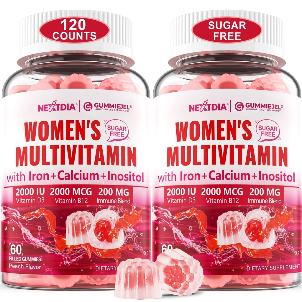 (2 opakowania) Bezcukrowa metylowana multiwitamina dla kobiet Gummeje z wapniem, D3 K2, Inozytol, Folate, Biotin, Żelazko, Witamina A, C, E, B Complex - Multi Vitamin & Minerals - Energia, Immune, Bone - Wegan