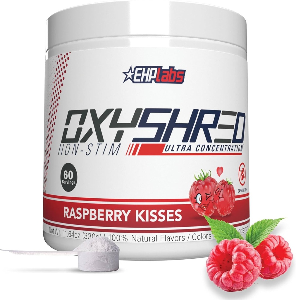 EHP Labs OxyShred Nie stymulant Wstępny trening proszku - Stim Free, Kofeina Bezpłatny trening dla mężczyzn i kobiet - Nie Stim Precuting - Proszek bez cukru Energia - Malina, 60 Służenie