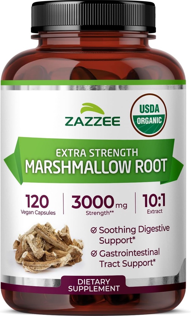 Zazzee USDA Organic Marshmallow Root 10: 1 Extract, 3000 mg Siła, 120 Kapsułki wegańskie, 4 Miesiąc dostaw, Standaryzowane, Skoncentrowane 10X Extract, 100% Wegetarian, All- Natural, Non-GMO, Made in USA