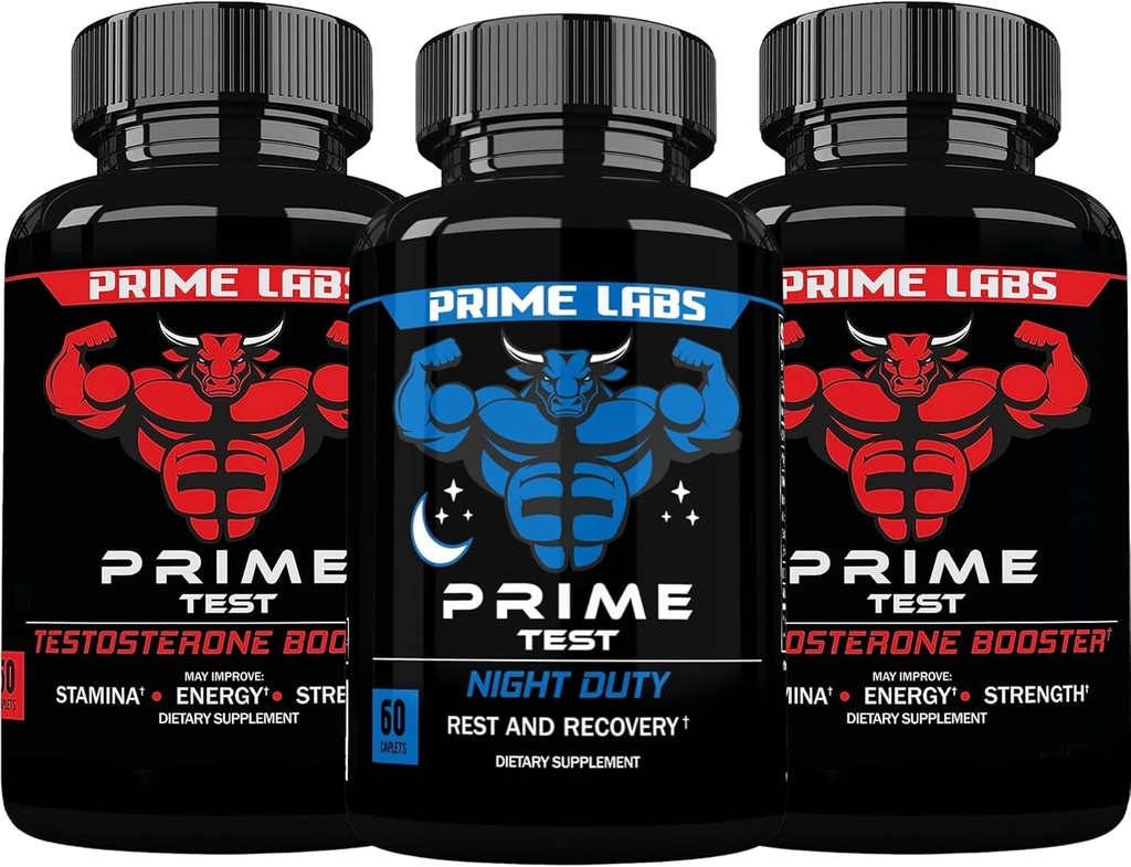 Prime Labs Prime Test Testosteron Booster (60 Count, 2- Pack) + Night Duty Sleep Supplement (60 Count)