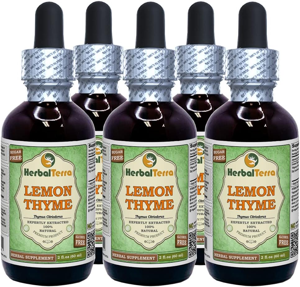 Tymianek cytrynowy (Thymus x Citriodorus) Gliceinit, Organiczny suchy ekstrakt płynny ziołowy (Nazwa marki: HerbalTerra, Proudly Made in USA) 5x2 fl.oz (5x60 ml)