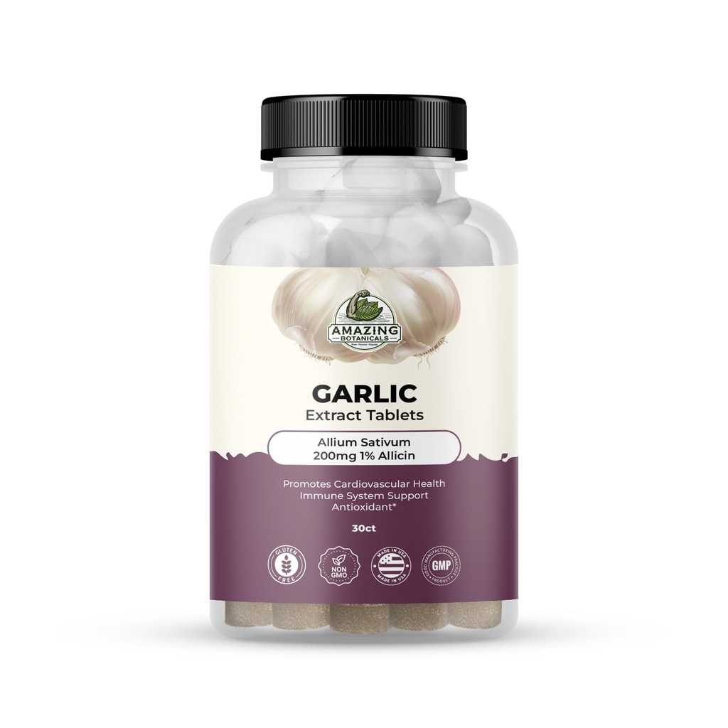 Amazing Botanicals Garlic Extract Tablets - Allium Sativum 200mg, 1% Allicin - High Potency Herbal Supplement for Wellness and Vitality - 30 Count