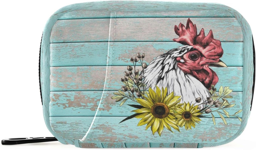 Pudełko na pióro Drewniany Rooster Sunflower Pill Box 7 dzień Pill Case Bag Travel Pill Organizer Bag z Zipper Portable Weekly Case Compact Rozmiar dla posiadacza suplementu witaminy