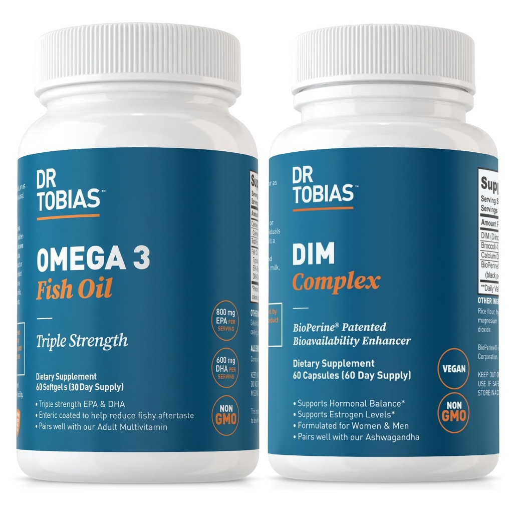Dr Tobias Omega 3 Fish Oil and DIM Complex Supplements, Wspiera serce, funkcje immunologiczne mózgu i hormony równowagi dla kobiet i mężczyzn z BioPerine, Borccoli Extract & Wapń D- glukaran, 60 Kapsułki