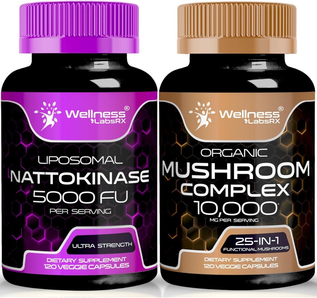 Kapsułki suplementu nattokinazy - 5000 FU - Enzymy z Pure Japanese Natto Extract 124; Kapsułki suplementu do grzybów organicznych - 10000mg - 25 w 1 Kapsułki złożone z grzybów