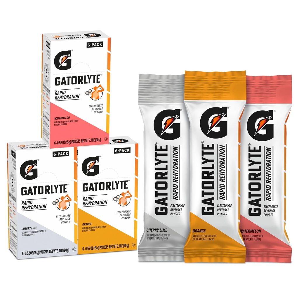 Gatorlyte Szybkie nawadnianie Napoje elektrolitowe, Odmiana Pack, Niższy cukier, Mieszanka specjalistyczna 5 Elektrolitów, Brak sztucznych słodzików lub aromatów, 18 opakowań, 1 opakowanie mieszanki z 16.9oz (500ml) wody