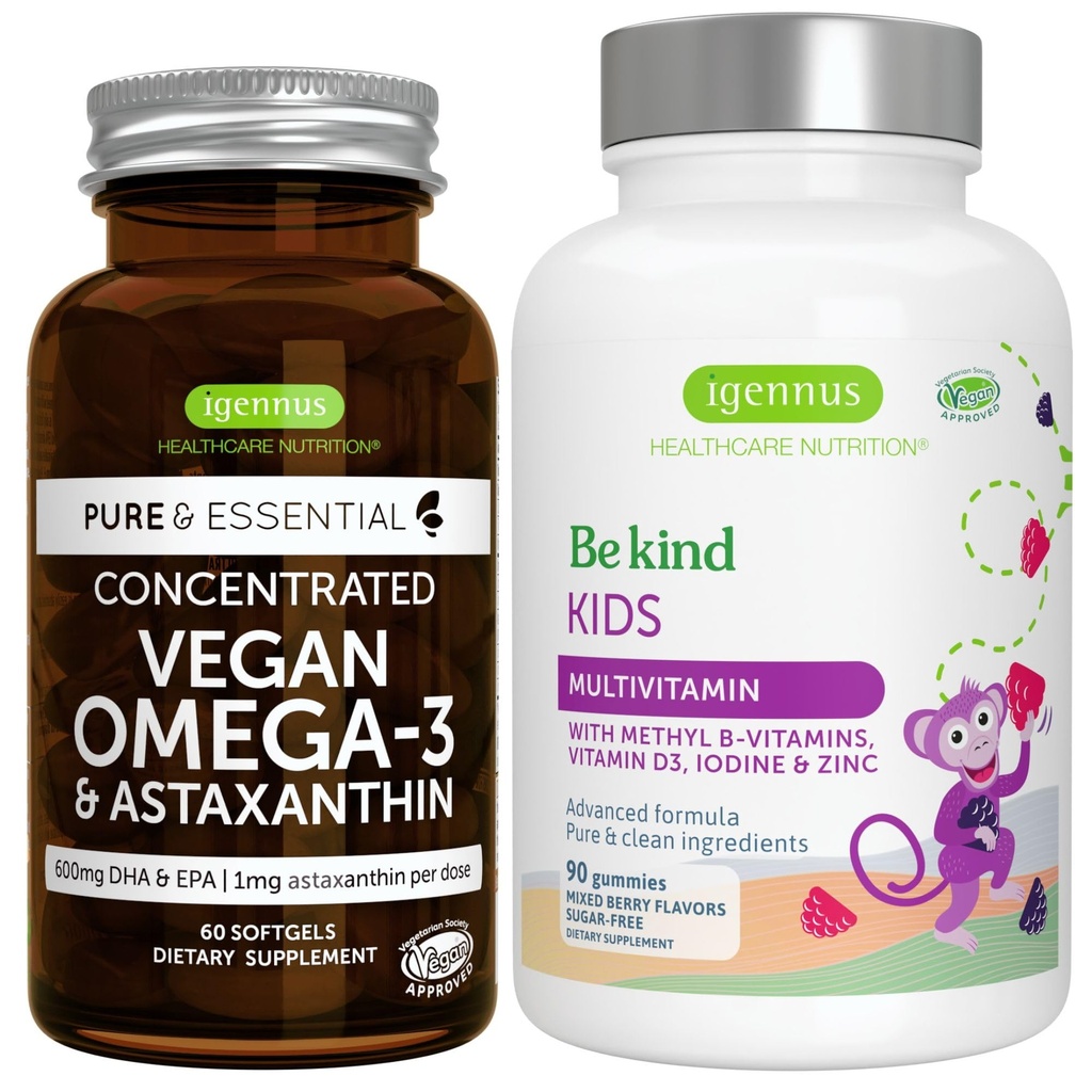 Wegańskie Omega-3 Algae Oil + Advanced Kids Multivitamin Gummy Bundle, Wysoka koncentracja DHA & EPA + Witamina A, B, C, D3 & E, Czyste składniki 60 Softgels + 90 Berry Flavor Gummies, przez Igennus