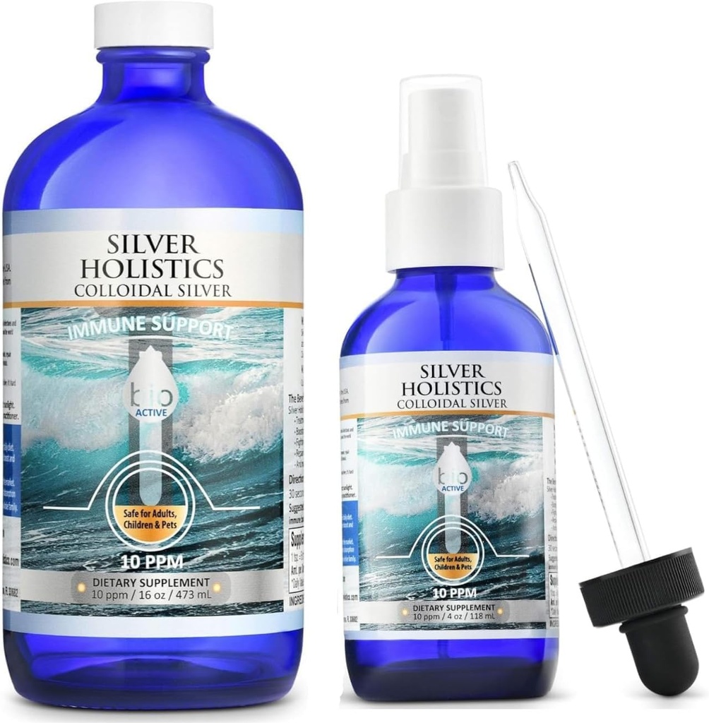 Silver HOLISTICS Colloidal Silver Liquid Bundle - Zawiera Colloidalne Silver Spray (4 OZ) & Refill Solution (16 OZ) z bezpłatnym kroplomierzem - Suplement wsparcia immunologicznego dla dzieci, dorosłych, & Zwierzęta domowe