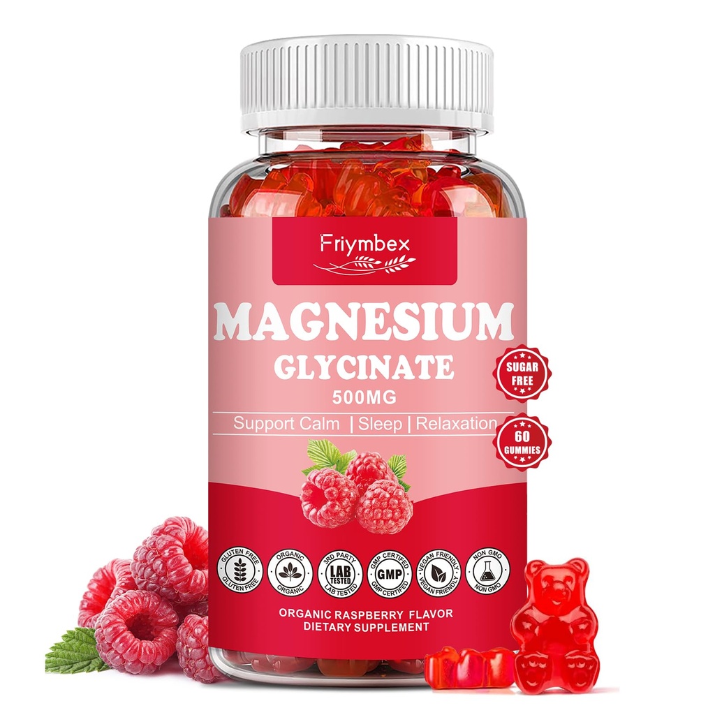 Glicynian magnezu Gummie 500mg Gummee 124; Relaksacja Spokój Gummeje magnezu 124; Bez cukru 124; Nie-GMO Gummea 124; Gluten- Free 124; Wegan- Przyjazny dla dorosłych i dzieci (60 Malina Gummei)