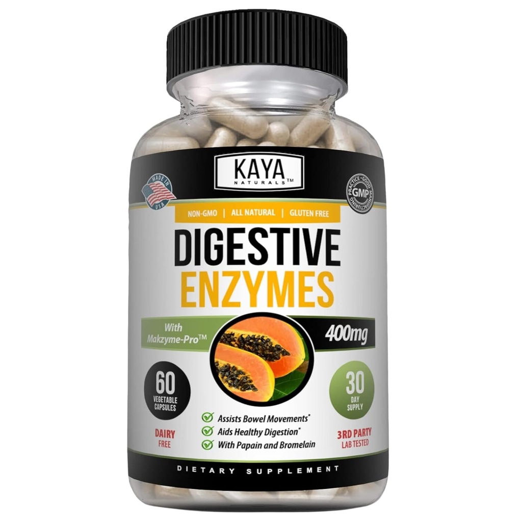 Kaya Naturals Digestive Enzymes z Prebiotykami i Probiotykami - Zaparcia i Bloating Relief - Tabletki do zarządzania wagą dla kobiet i mężczyzn - Pomoc immunologiczna - Wsparcie trawienia - 60 Kapsułki wegetariańskie