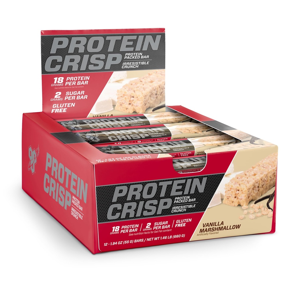 BSN Protein Bars - Protein Crisp Bar by Syntha- 6, Serwatka Protein, 20g Protein, Gluten Free, Low Sugar, Vanilla Marshmallow, 12 Count