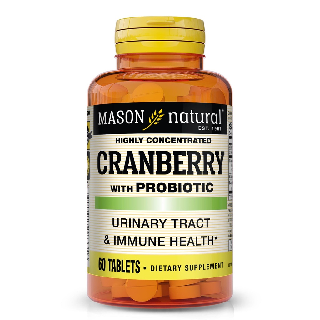 Żurawina NATURAL MASON z probiotykiem, 2 Miesiące dostaw, Wysoko skoncentrowane, Wspiera normalne immunologiczne i układu moczowego, 60 Tabletki