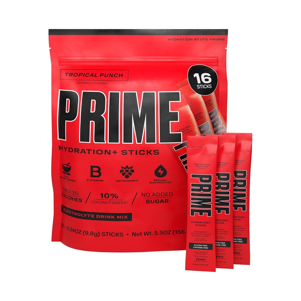 PRIME HYDRATION + Sticks Tropical Punch Agregat 124; Hydration Powder Single Serve Sticks Agregat 124; Electrolyte Powder On The Go 124; 250mg BCAA, B Vitaminy, Przeciwutleniacze 124; Niski poziom cukru 124; Kawa wolna 124; Wegan 124; 16 Sticks