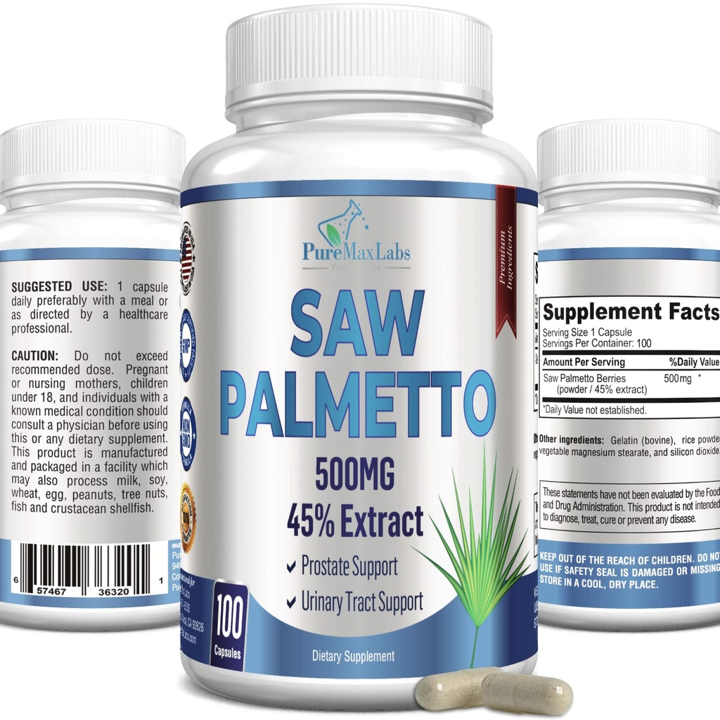 Extra Siła Piła Palmetto - 45% Wyciąg Prostate Supplement, Zmniejszenie częste oddawanie moczu, Blocker DHT dla wzrostu włosów, Non-GMO, 100 Kapsułki