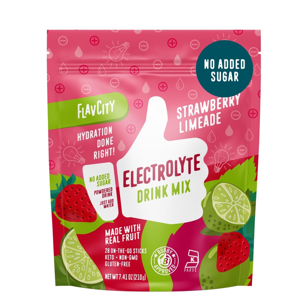 FlavCity Strawberry Limeade Electrolytes Powder Packets - 28 Hydration Packets - No Added Sugar - Hydration Powder with Real Fruit & Unrefined Sea Salt - Keto & Gluten-Free (28 Stick Packs)