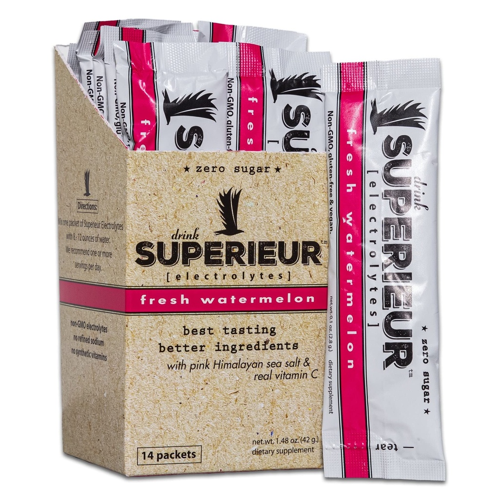 Superior Electrolyte Powder Pakiety - Wegan Electrolyte Hydration Proszek w / Minerały morskie - Keto Friendly, Nie-GMO, Zero Sugar Electrolyte Suplement - Zdrowy napój sportowy - Arbuz (14 Pakiety)