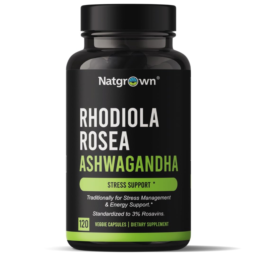 Natgrow Rhodiola Rosea z Ashwagandha Root Extract Kapsułki - Standaryzowane do 3% Rosavins i 1% Salidroside - 120 Count