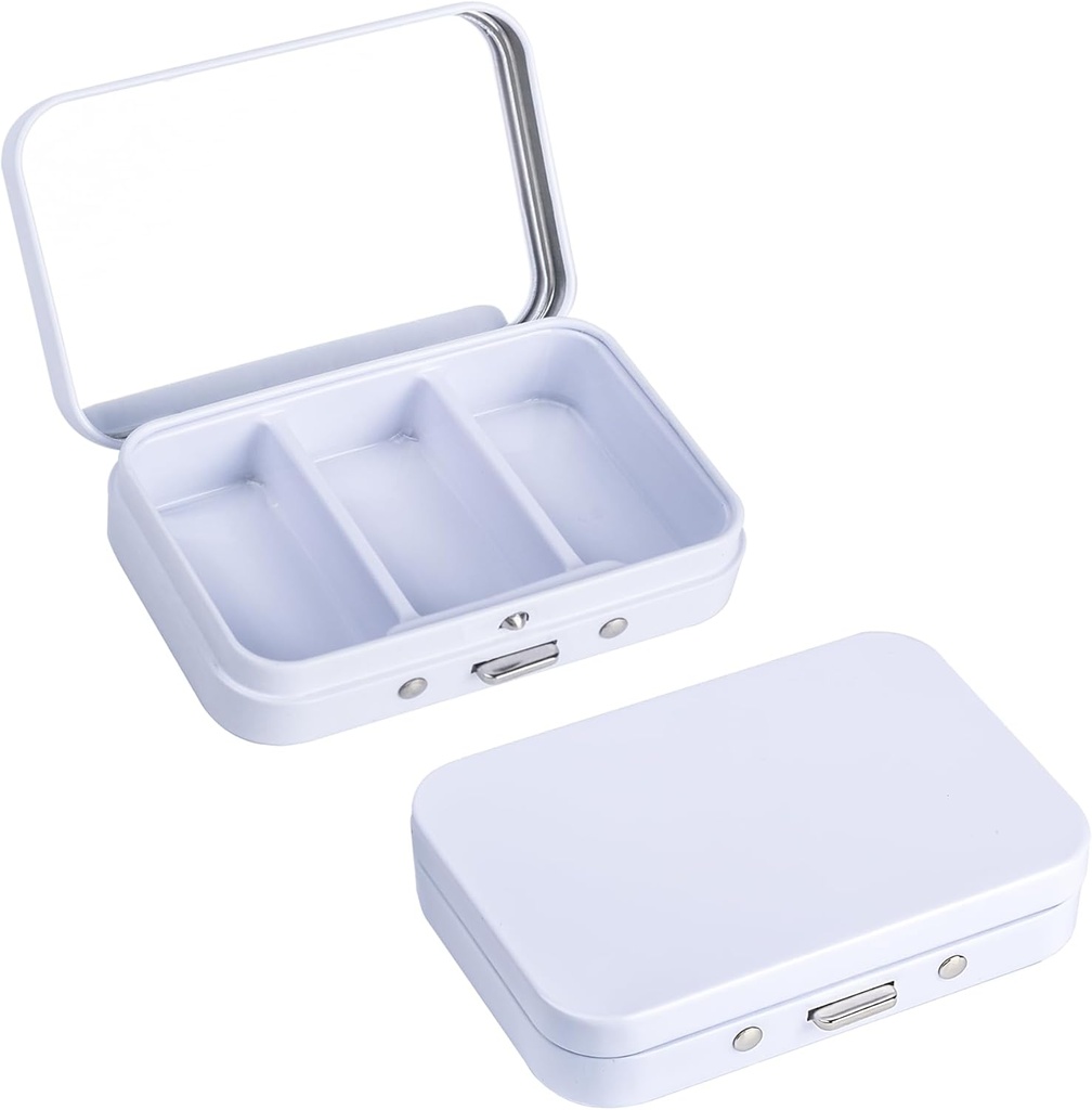 2Pack Pudełko na pióro 3 Pudełko na śmieci, Przenośne Metal Travel Pudełko na pióro z lustrem dla medycyny, Witaminy, Olej rybny i suplementy, Przenośne Pudełko na kieszeń lub torebkę (biały)