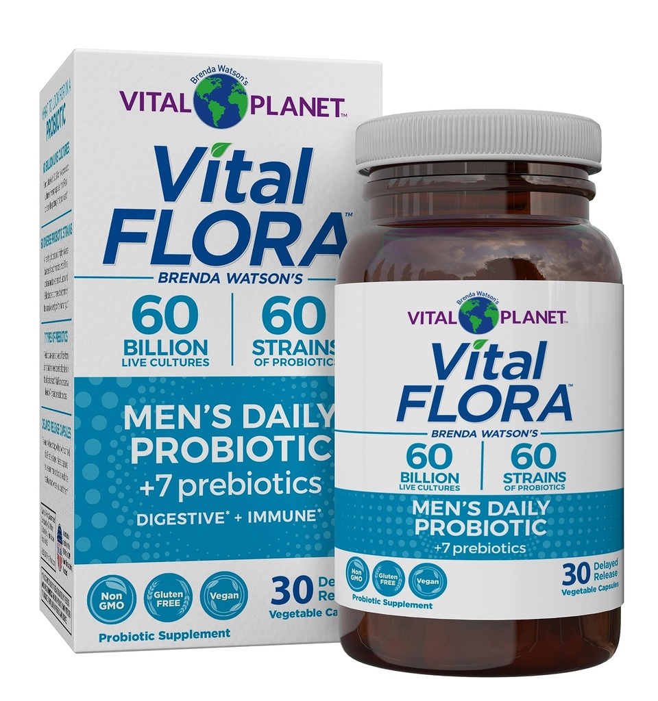 Vital Planet - Vital Flora Men 's Daily Probiotic, 60 Billion CFU, 60 Diverse Strains, 7 Organic Prebiotyki, Immune Support, Gas Relief, Colon i Digestive Health Probiotyki dla mężczyzn 30 Kapsułki