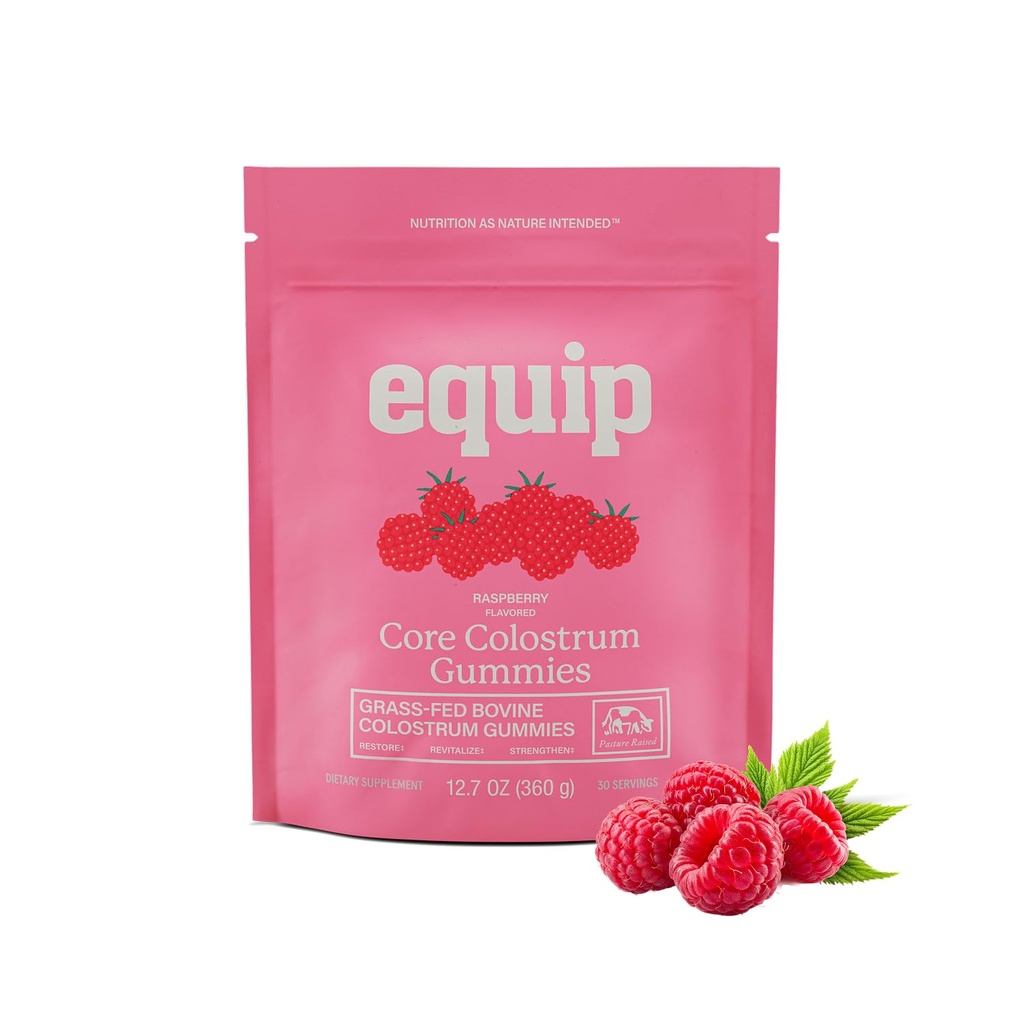 Equip Foods Core Bovine Colostrum Gummies - Pyszne 1g na seving trawy pożywienie Colostrum Supplement - Gut Health, Immunitet, Recovery, Hair & Skin - 60 Gummies Colostrum Bovine, 30 Służenia, Malina