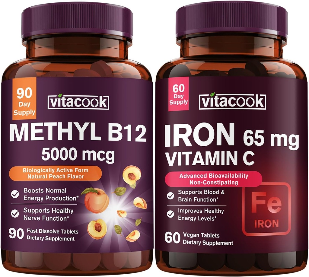 Żelazo i Witamina B12 Bundle, 5000 µg B12, Cukier zerowy, Żelazo karbonylowe z Witaminą C, Delikatnie na żołądku