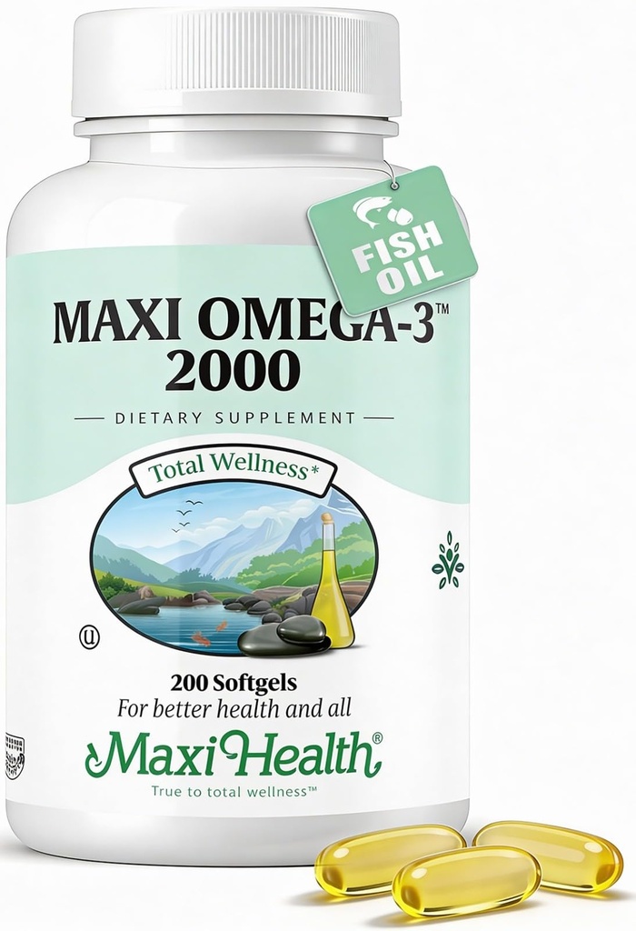 Omega 3 Supplement - Omega-3 Fish Oil 2000mg - Naturalne Źródło EPA & DHA - Serce, Mózg & Joint Health - Kosher Certified Wild Caught Marine Fish - 200 Softgels wegetariańskie Maxi Health