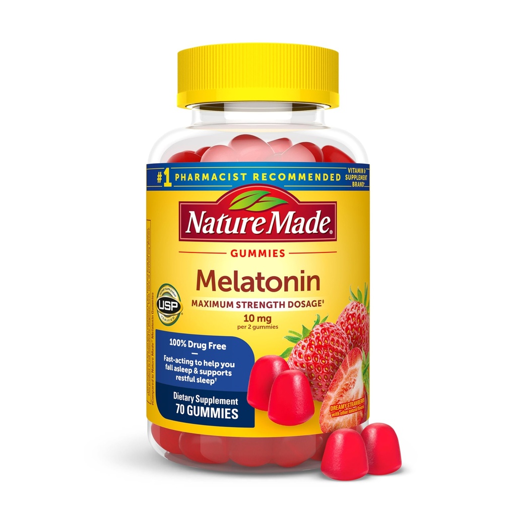 Nature Made Melatonin 10mg na porcję Gummies dla dorosłych, Maksymalna moc Dozownik Sen Pomoc, 100% bez narkotyków, 70 Hrabia Melatonina Gummies, 35 Day Supply