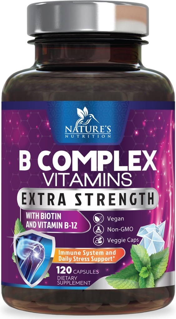 B Kompleks witamin kapsułki - Super Complete B- 100 Complex z witaminą B12 B6 C Folit i kwas foliowy do immunologicznego i wsparcia energetycznego - Suplement do serca, mózgu, i Nerve Support - 120 kapsułki