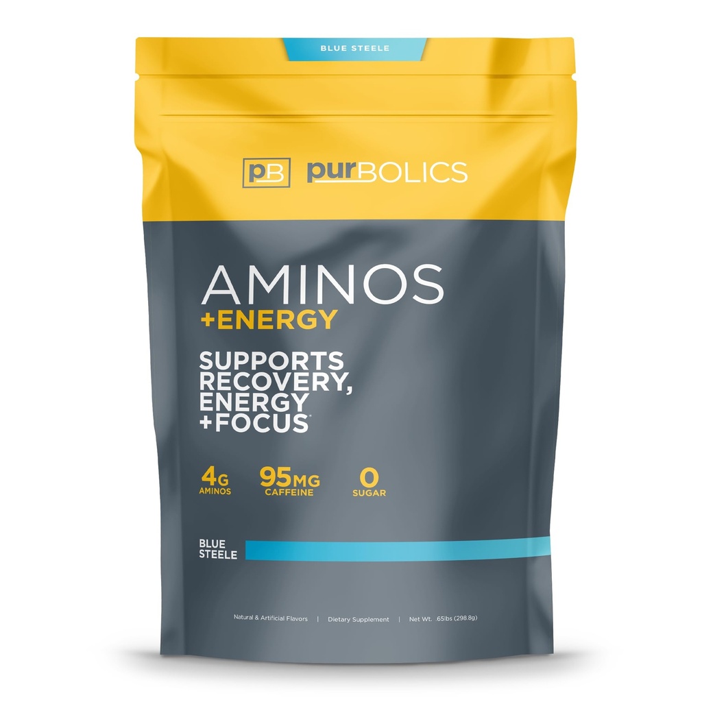 Pubrolics Aminos + Energy Bilans 124; Wspiera odzyskiwanie energii i skupienie 124; 95mg kofeiny, 0 Calories & 60 Servings (Blue Steele)