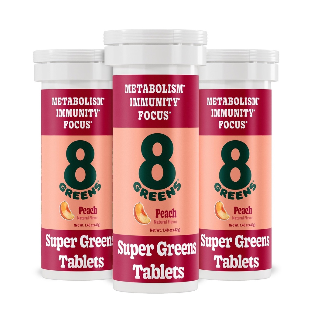 8Zieloni Tabletki Supergreens 124; Super Zieloni Proszek Tabletka Superfood, Odporność na metabolizm i koncentracja, Codziennie Zieloni Tabletki Effervescent, Organic: Aloe Vera, Spirulina, Chlorella, Brzoskwinia, 30 Służenie