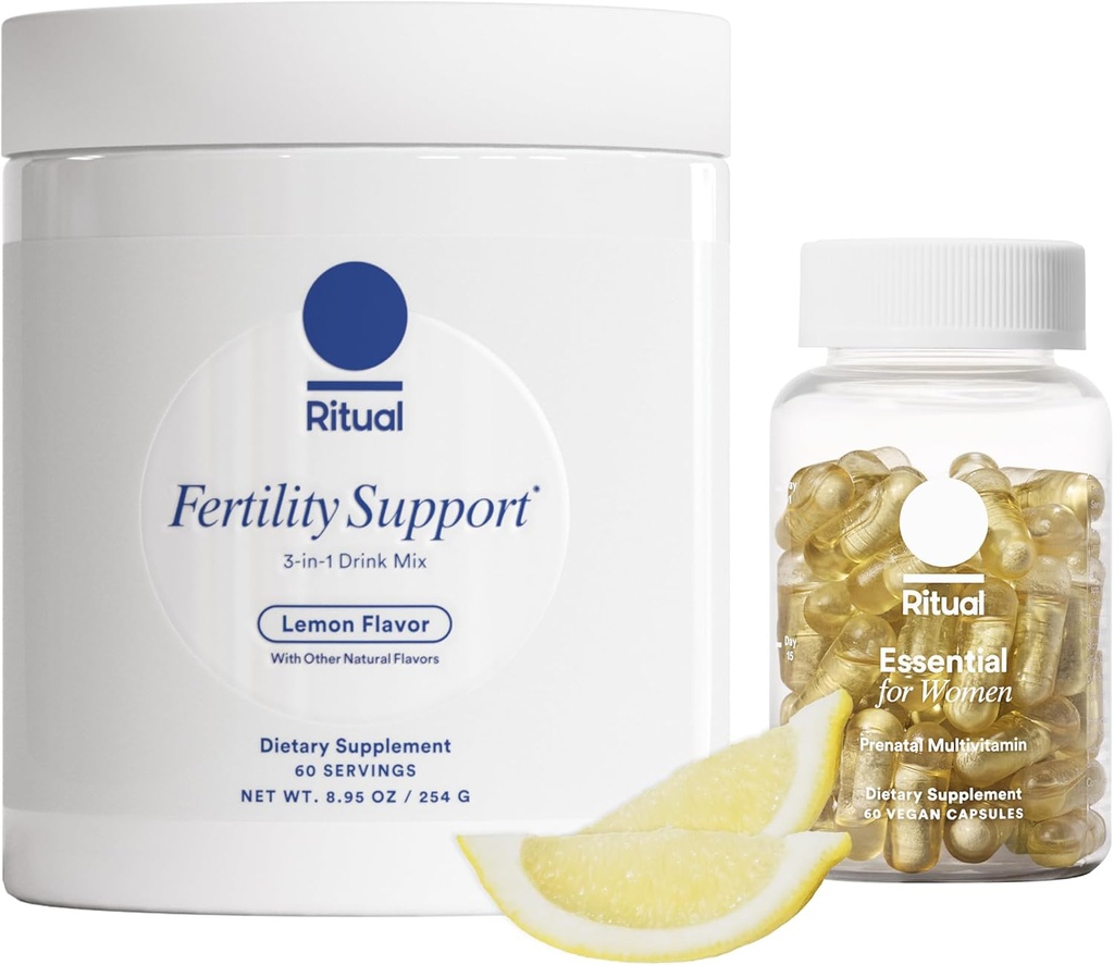 Ritual Preconcept Bundle: Esential for Women Prenatal Multivitamin and Lemony Fertility Support Drink Supplement with NAC, CoQ10, and Myo- Inositol. Wegańskie i stworzone, aby ją wspierać. *