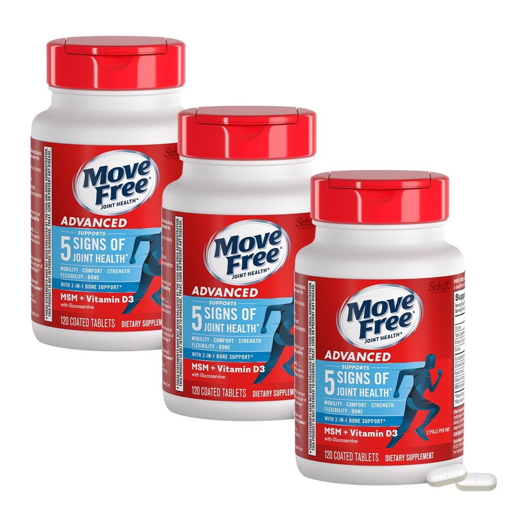 Przenieś Free Advanced Glucozamina Chondroitin MSM + witamina D3 Joint Support Supplement, Obsługuje Mobilność Comfort Elastyczność & Bone + Immune Health - Tablet, 3x120ct Butelki (120 porcji) *