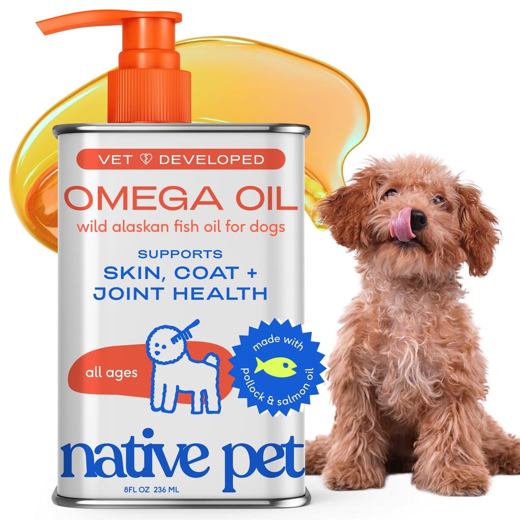 Native Pet Omega 3 Fish Oil for Dogs & Cats - Promotes Healthy Skin, Shiny Coat, & Strong Joints - Made with Wild Alaskan Salmon Oil for Dogs - Smaczne, Fast- Absorbing Omega 3 6 9 Płynny suplement - 8oz