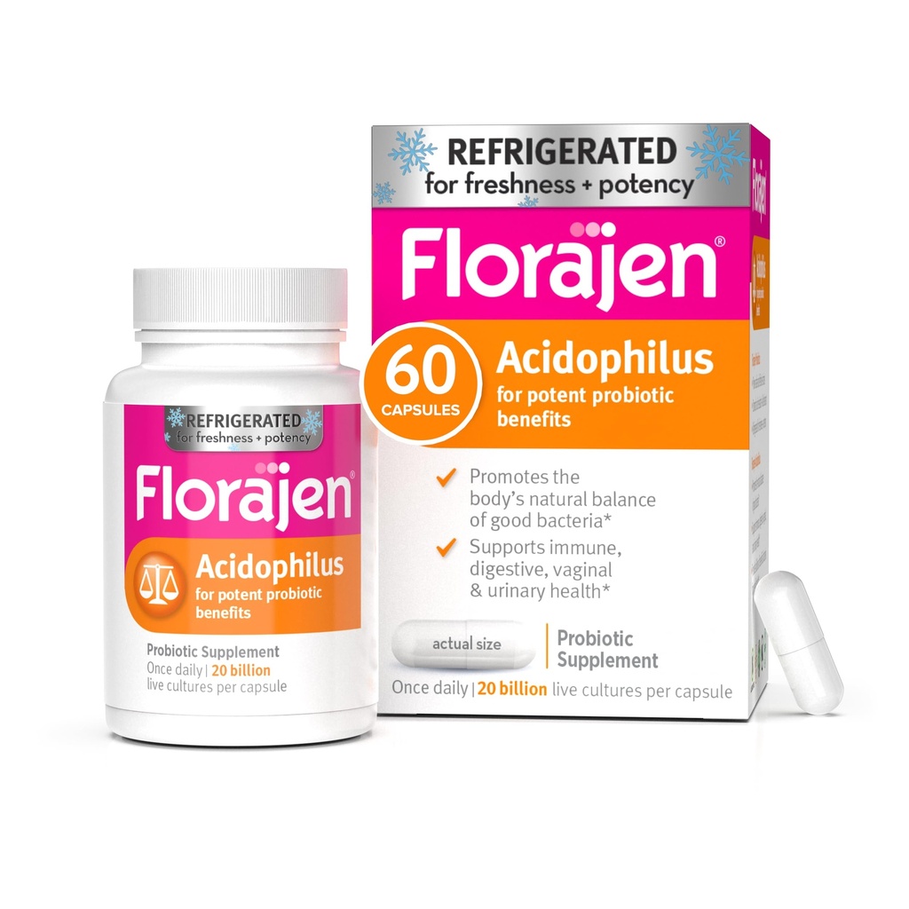 Florajen Acidophilus Wysoka potencja Wspiera ogólne zdrowie, 20 Miliard CFU dla potężnych korzyści probiotycznych, Unflavored, 60 Hrabia