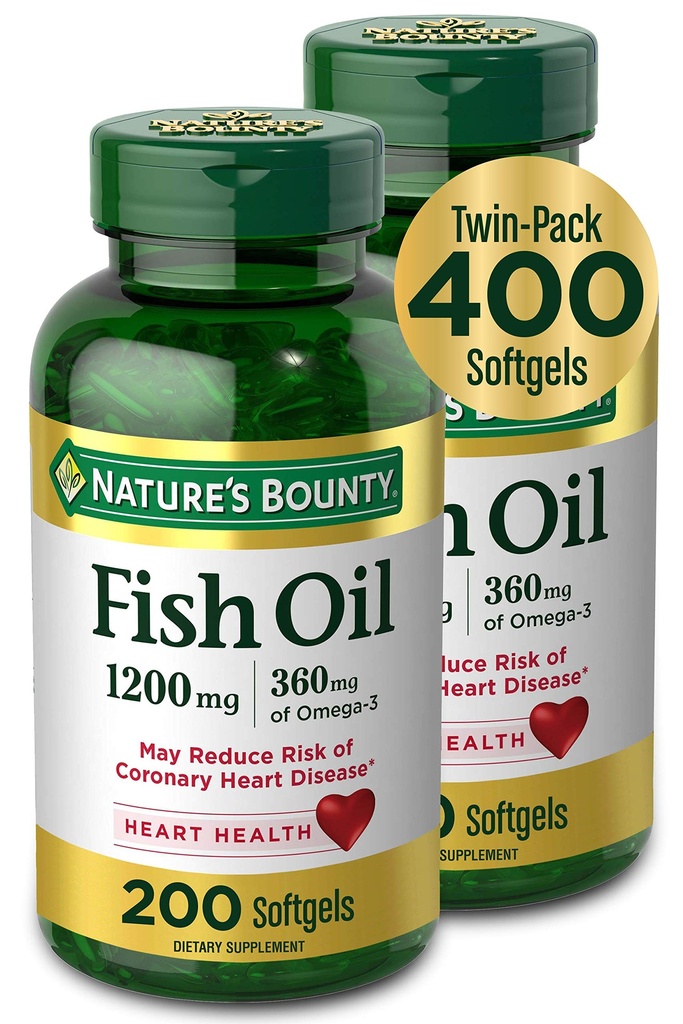 Nature 's Bounty Fish Oil, Suplement diety z 360mg Omega-3, Wspomaga zdrowie serca, 1200mg, 200 Softgels (Opakowanie 2)