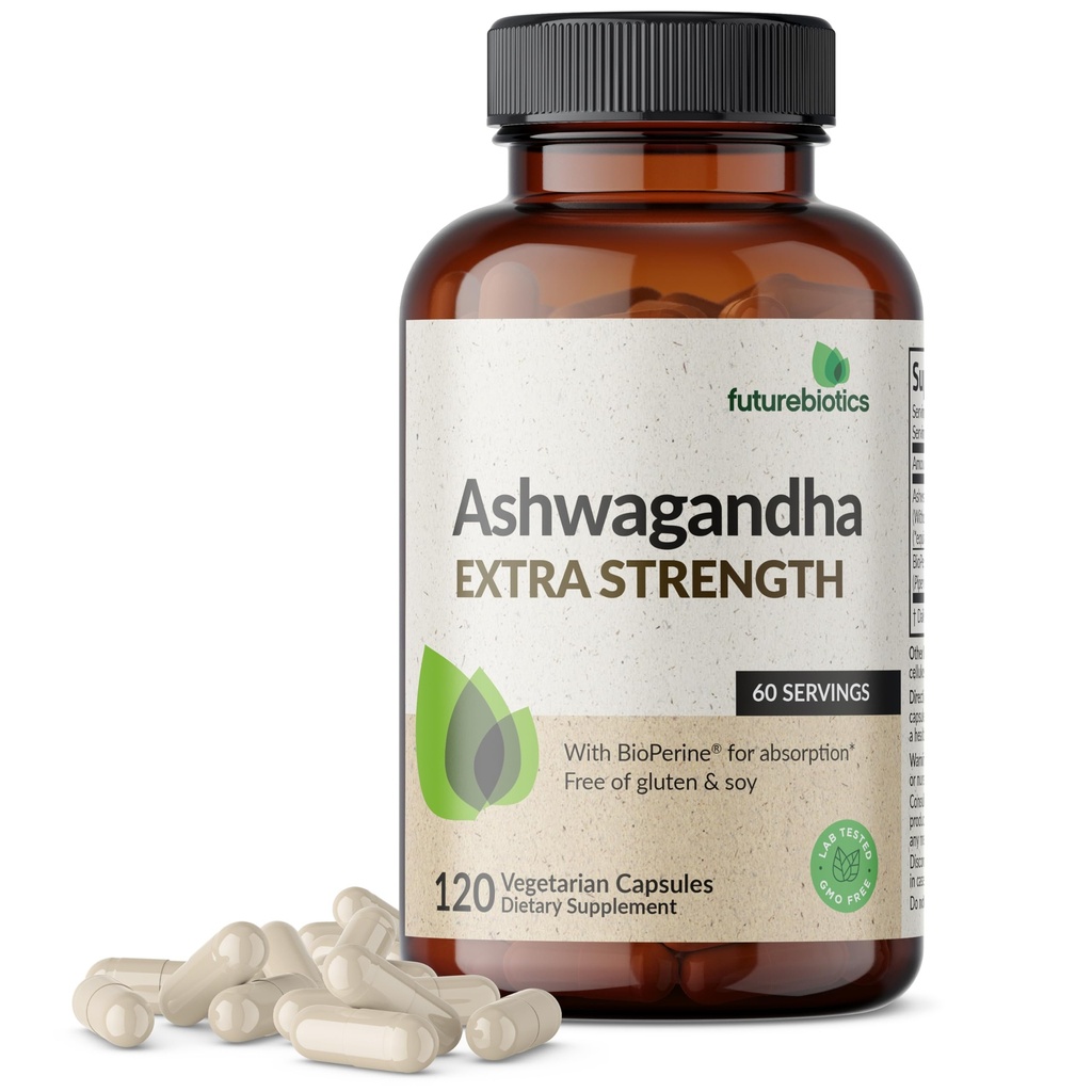 Futurebiotyki Ashwagandha Dodatkowa siła Stress & Mood Support z BioPerine - Formuła nie GMO, 120 Kapsułki wegetariańskie