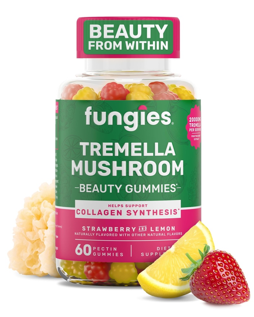 Grzyby Grzyby Tremella Gummies, Mieszane Truskawki i Lemon Flavor - Grzyb Suplement Ziołowy Gummy dla dorosłych Wspiera Syntezy Collagen, Zdrowa Skóra & Zdrowe Starzenie - Piękno Gummies 60 Służenie