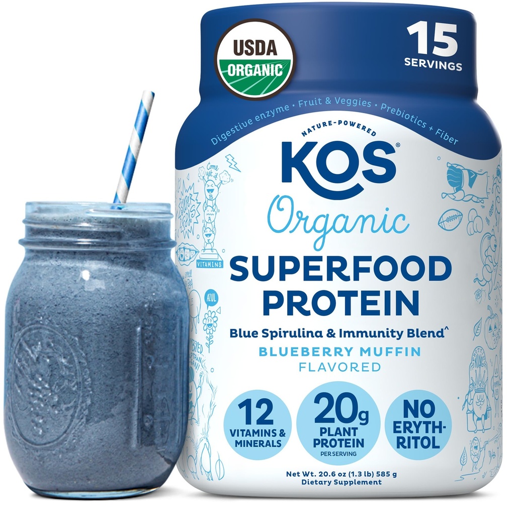 KOS Plant Protein Based Powder, Blueberry Muffin - Organic Pea Protein Superfood z Spirulina i immunologicznego mieszanki wsparcia. Soja, Gluten, Wolne od Mleka - Wegańska Zamiana Mączki dla Kobiet i Mężczyzn - 15 Sług