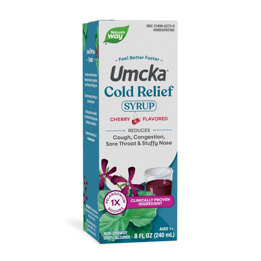 Nature 's Way Cold Relief Syrop, Umcka, Krótki czas trwania i zmniejsza ciężkość, Wieloobjawowy Cold Relief, Homeopatyczne, Fenylephrine Free, Non- Drowsy, Cherry Flavored, 8 Fl Oz (Packaging May Vary)