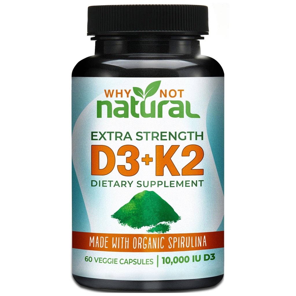 Dlaczego Nie Naturalna Witamina D3 K2 (MK- 7) z Spirulina organiczna, 10000 j.m. Dodatkowy suplement siły w Kapsułki wegetariańskie, Wspiera zdrowie kości, System immunologiczny i nastroju