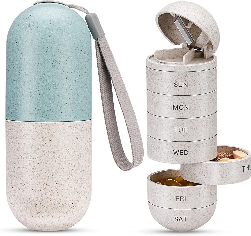 Zannaki 2 in 1 Pill Organizator z Cutter, Fiber Ziarno Cotygodniowy Pill Case duży kontener Moisture Proof, Magnetic Lock, BPA Free Travel Pill Box 7 Dzień trzymać pigułki, Witaminy, Olej rybny, Suplementy