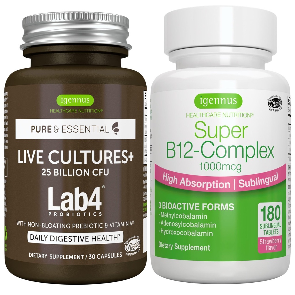 Żywe kultury + Lab4 Probiotyki + Super B12-Complex, Wegan Bundle, 25 Billion CFU Lactobacillus Acidophilus i Bifidobacterium + Wysoka Absorpcja Podjęzykowa B12, przez Igennus