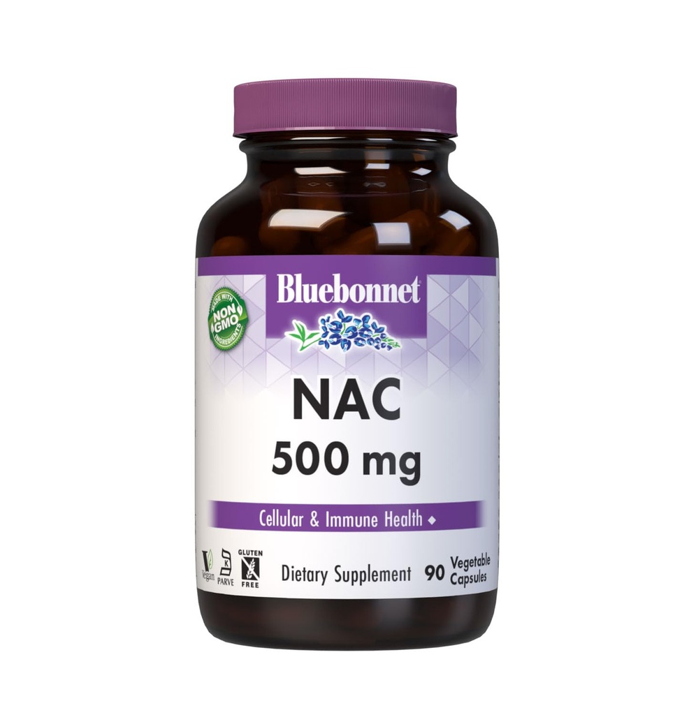 Bluebonnet NAC Supplement N- Acetyl- L- Cysteina 500 mg - Przeciwutleniacz Zdrowie komórkowe & Wsparcie immunologiczne - Free- Form Amino Acid for Women & Men - Non-GMO, Kosher, Gluten- Free - 90 Kapsułki roślinne