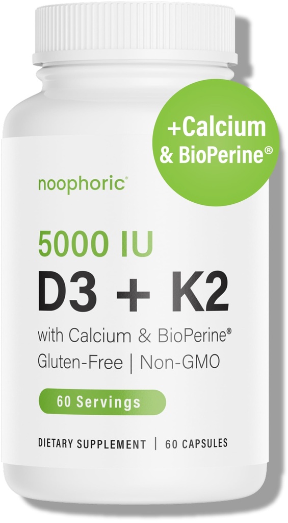 Noophoric D3 K2 Witamina 5000 j.m. - Witamina K2 100 μg MK7, Wapń, BioPerine - Suplement do Zdrowia Kości i wsparcia immunologicznego - Bez glutenu, Nie-GMO - Suplement Witaminy D3 K2 (60 Servings)