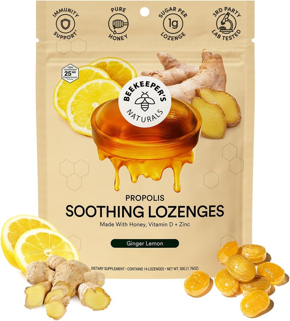 Pszczelarze 's Naturals Soothing Honey Ginger Lemon Cough Drops - Wsparcie immunologiczne z witaminą D, Cynk i Propolis Throat Soothing Lozenges, 14 Ct