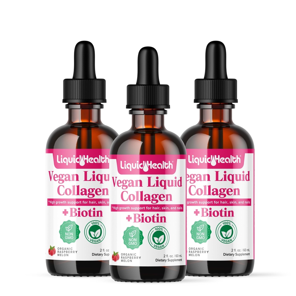 LIQUIDHEALTH 100% Vegan Collagen Plus Biotin 100,000mcg płynne krople - Płynny Collagen na bazie plantacji dla kobiet i mężczyzn - Wzrost włosów i paznokci, Zdrowie skóry, Zwiększa Metabolizm - Made in USA, Non-GMO (3 Pack)