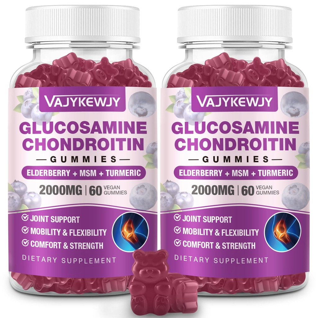 2 Opakowania 2000mg Glukozamina Gummie Chondroitin, Glukozamina o dodatkowej mocy z Chondroitin MSM & Turmeric, Suplement Joint Support, Antyoksydant Immune Support - 120 Gummies